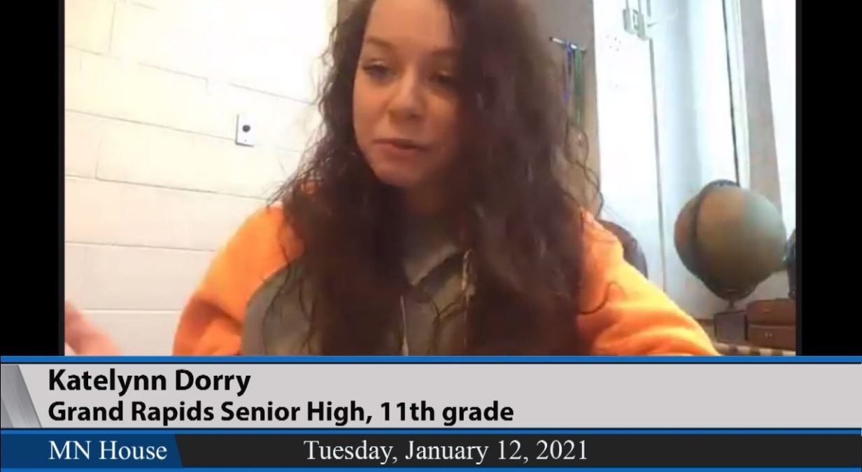 “This year, the isolation on top of everything has been crushing," Katelyn Dorry, a junior at Grand Rapids High School, told House lawmakers during a hearing on distance-learning. Screenshot